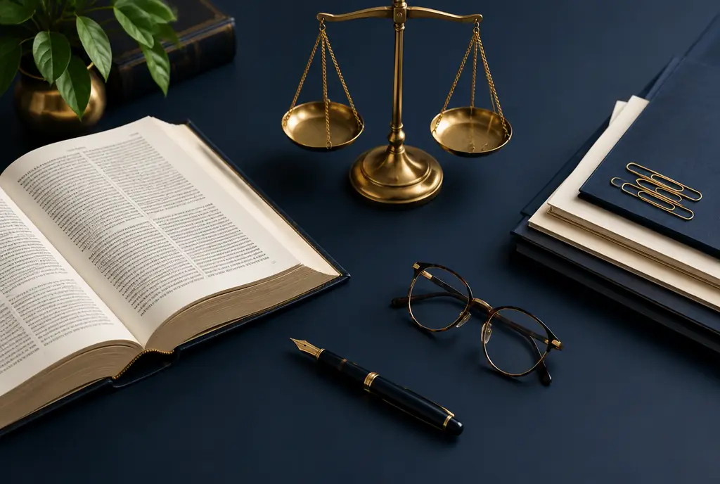Pleading — law book, scales and pen on a desk
